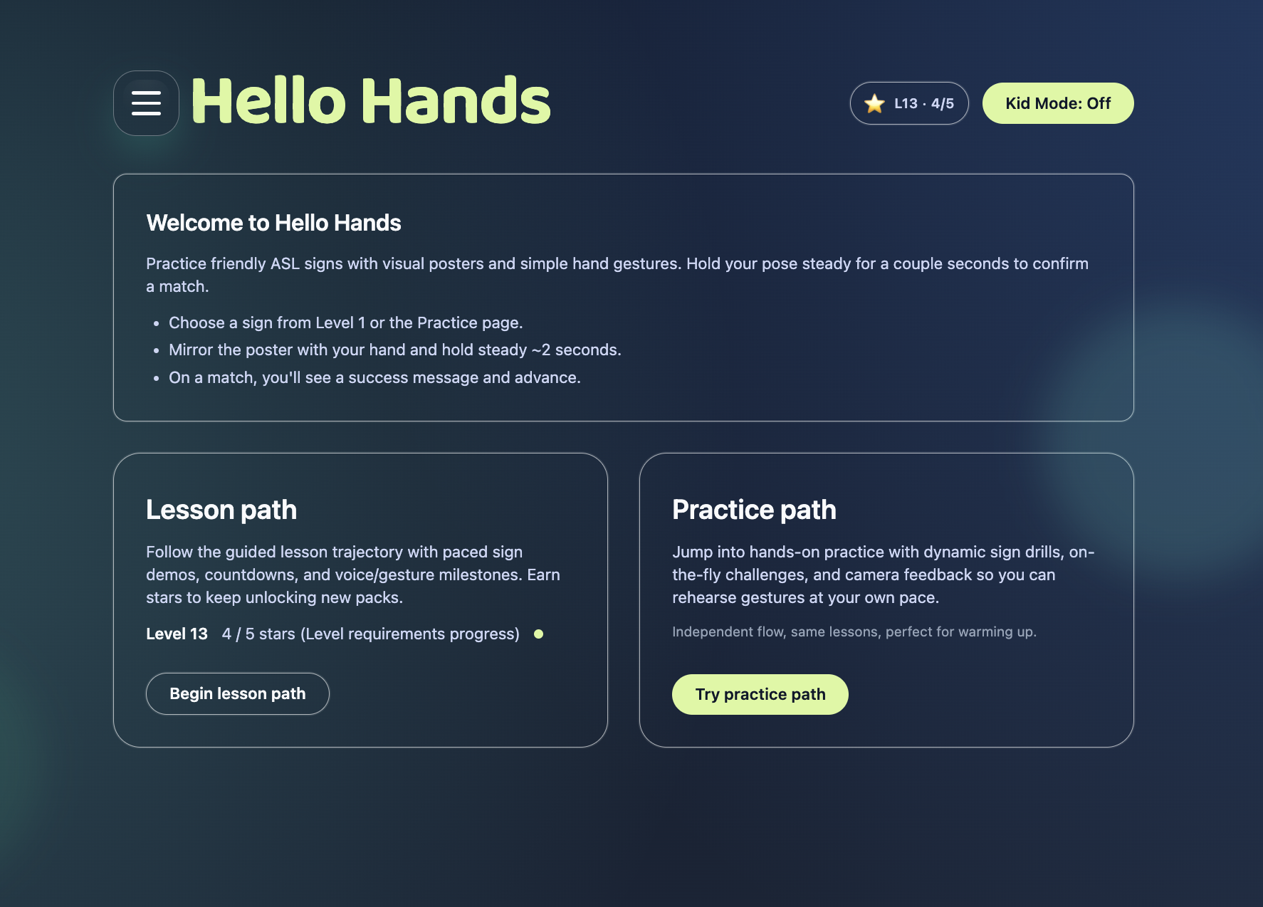 Screenshot of a hello hands experience